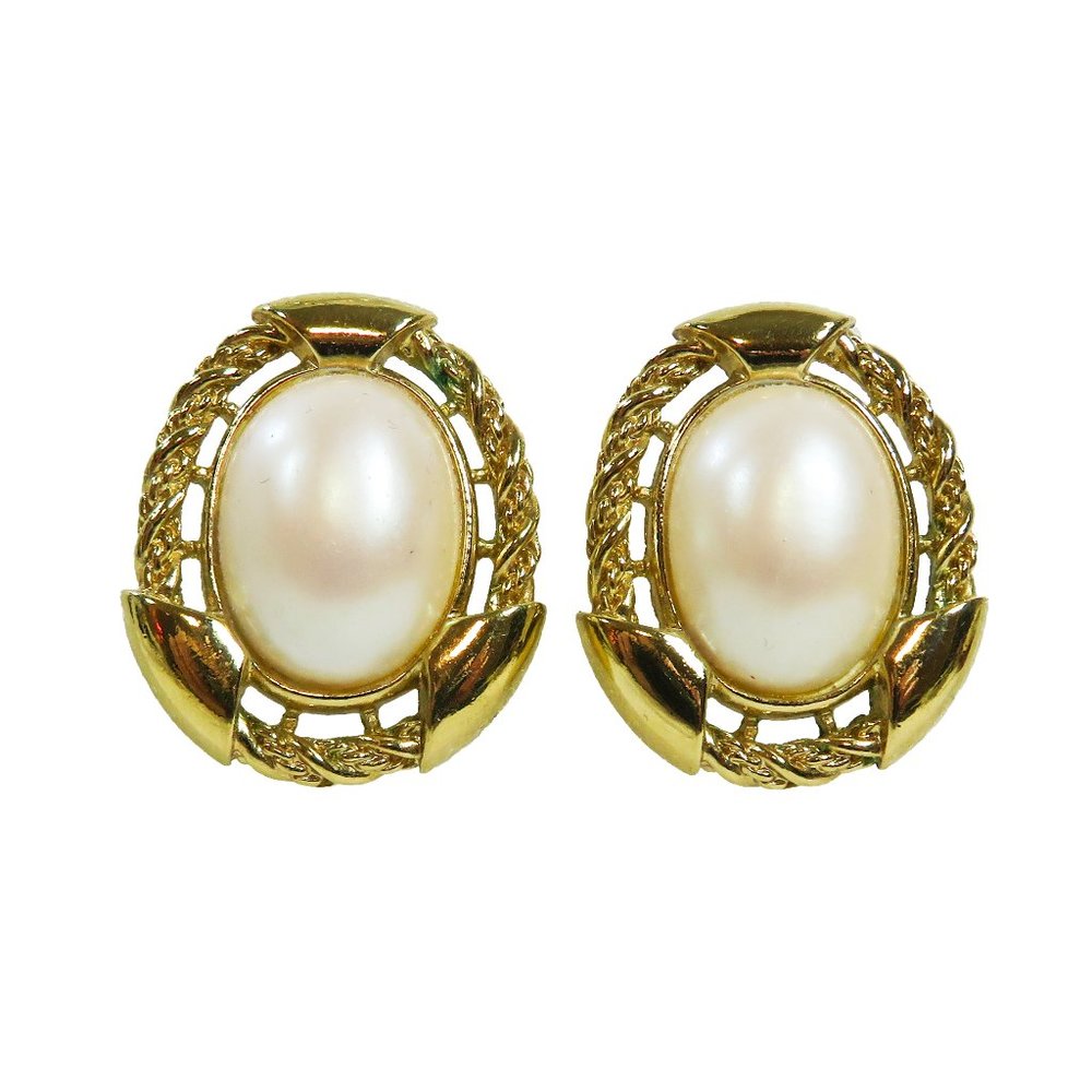 Vintage Goldtone Large 3/4" x 1/2" Faux Pearl Pierced 1.25" x 1" Earrings